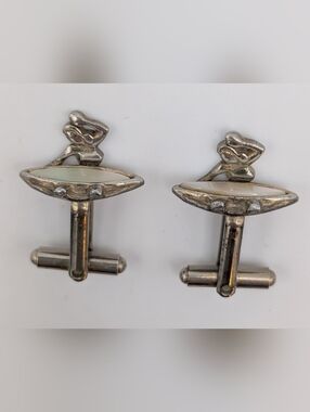Vtg Surfer Girl Silver Tone Cufflinks Shell Top Surfboard
